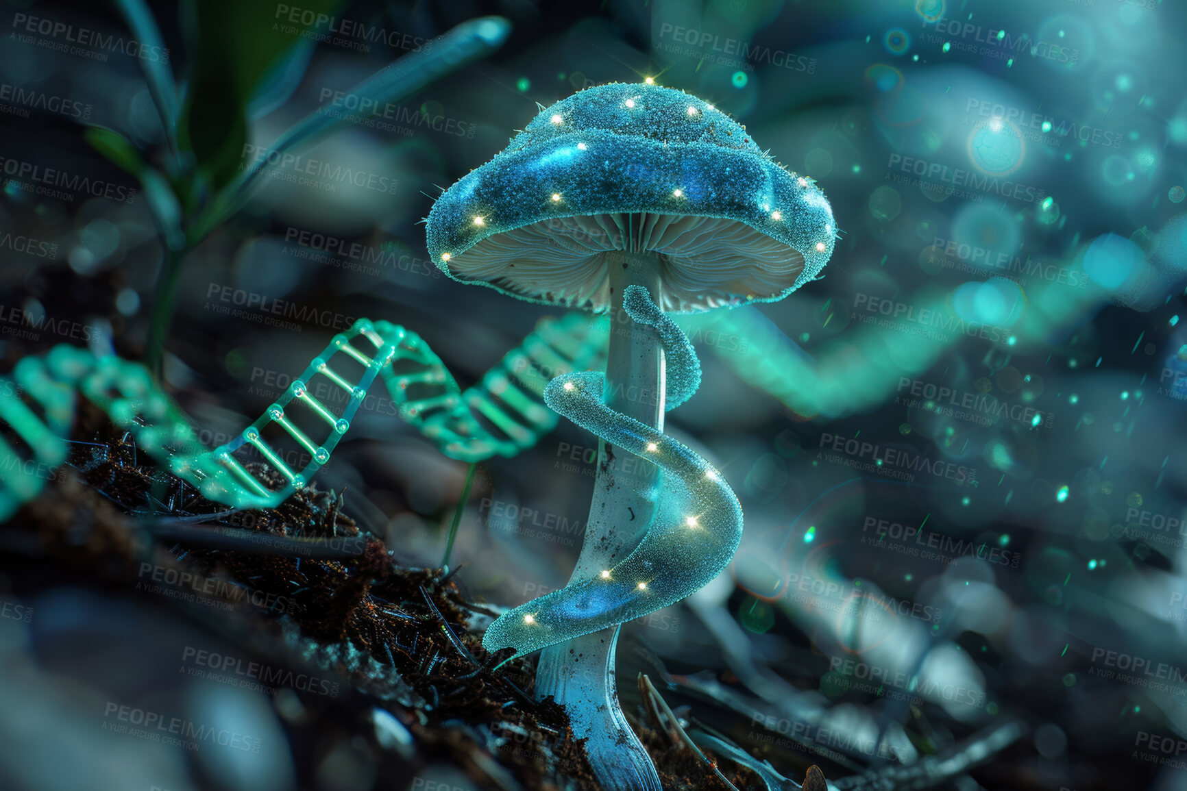 Buy stock photo Psychedelic, mushroom and plant with nerve cell in forest with rna sequence for growth and biotech in nature. Magic, fungus and foliage in woods with gene strain for gmo extract and agriculture