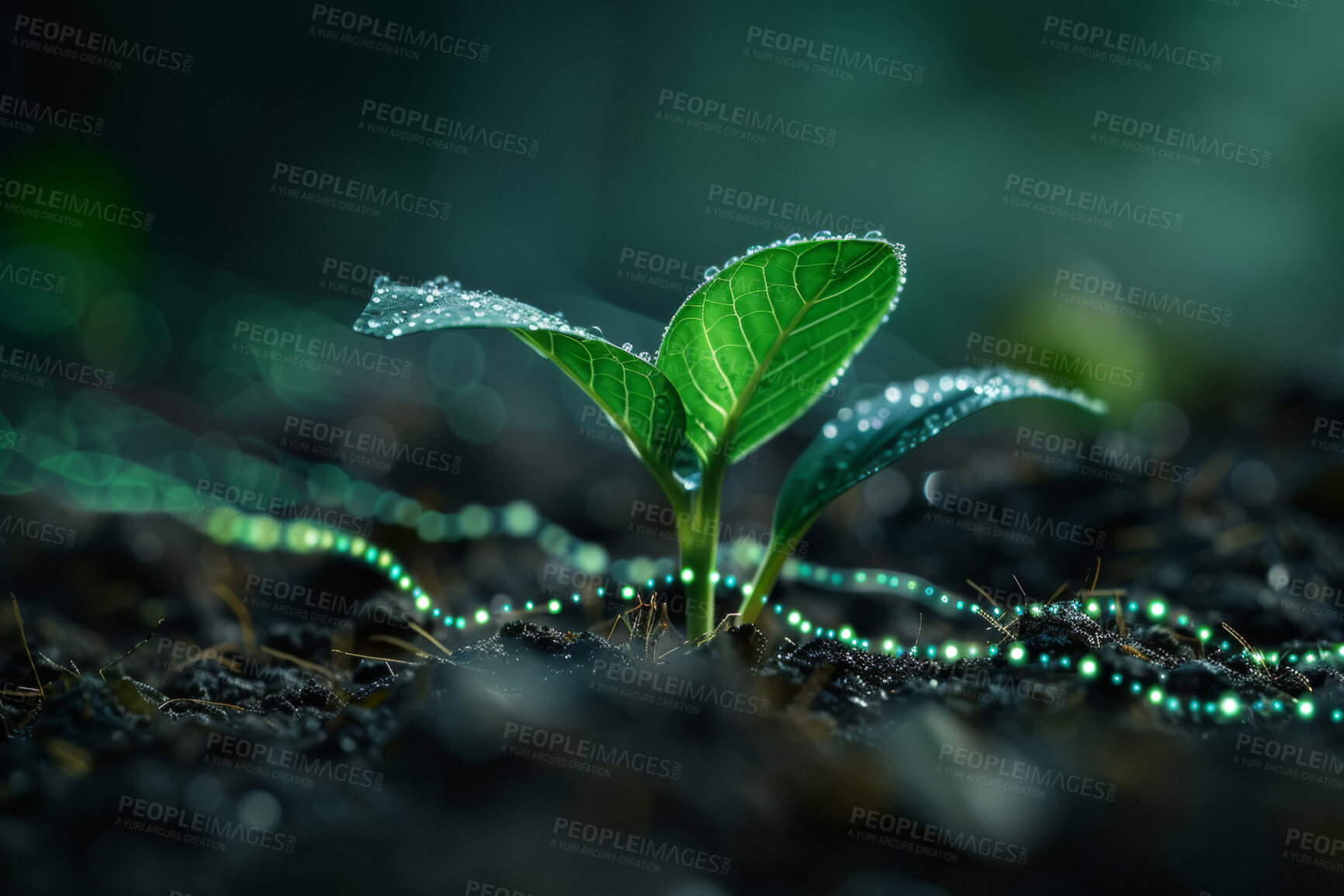 Buy stock photo Futuristic, grow and plant in nature, leaf and mockup in environment, earth and sprout in soil outdoor. Agriculture, dirt and field for carbon footprint, sustainability and project in farming