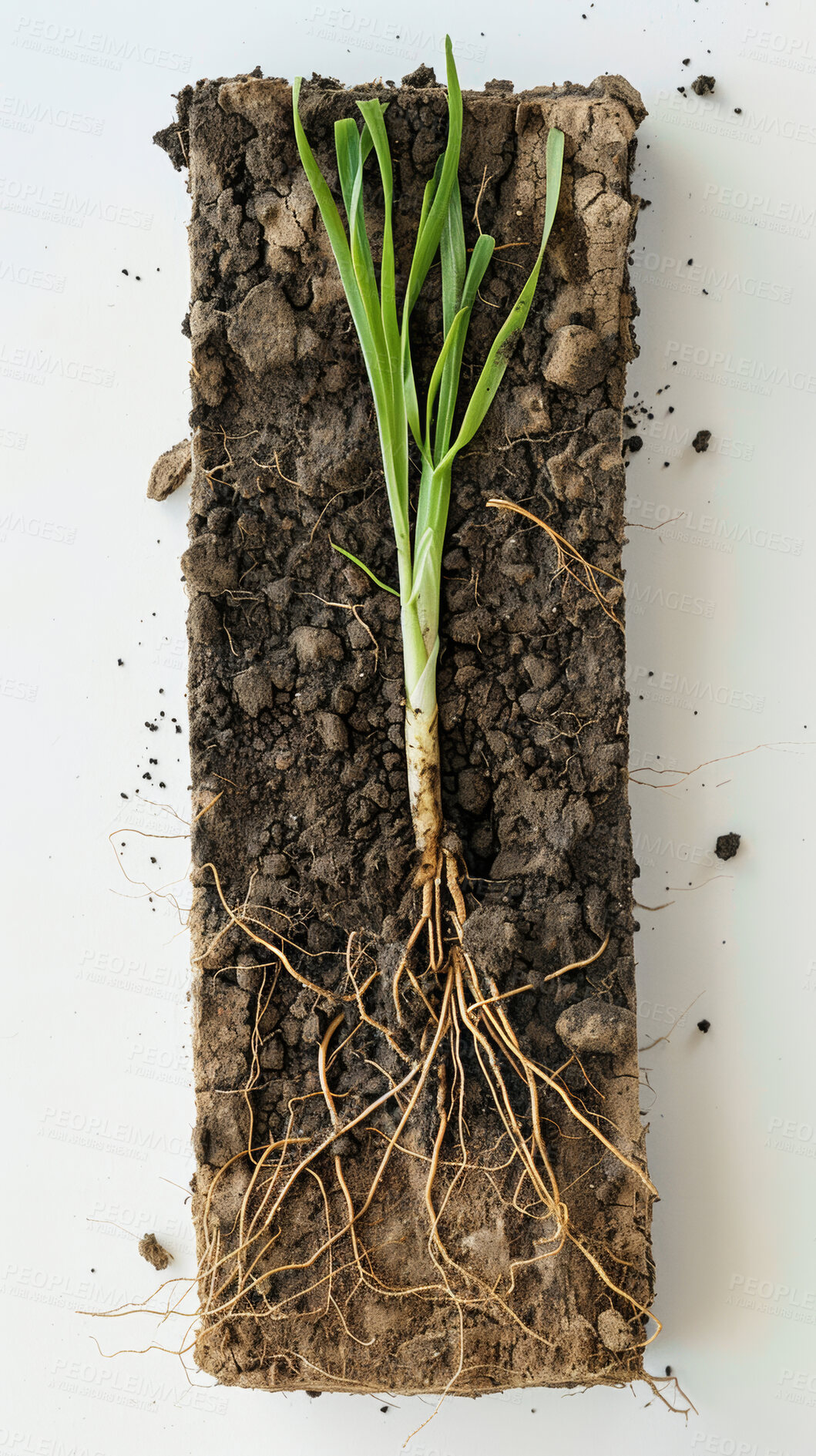 Buy stock photo Plant, roots and soil in closeup on background for sample, study or survey of wild flora for natural medicine company. Leaves, stem and earth with shoot system for development of organic pharma drugs