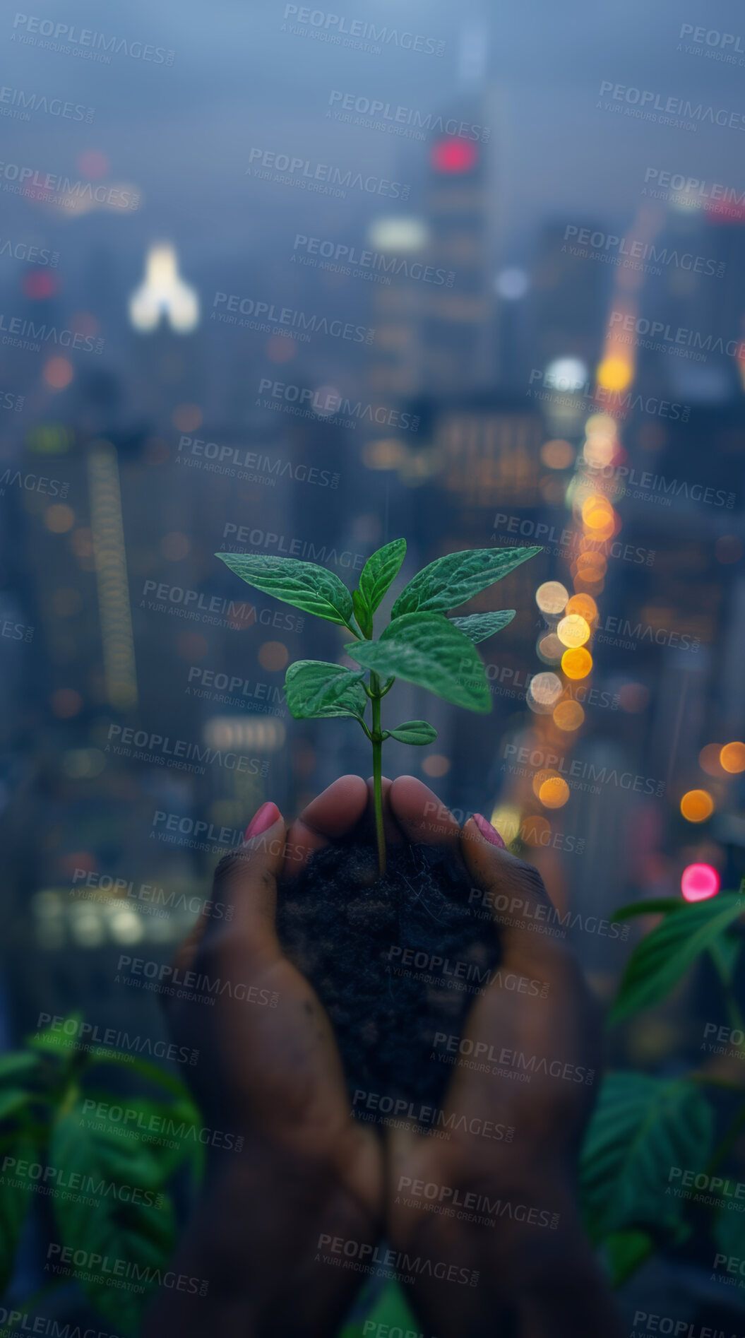 Buy stock photo City, leaves and plant in garden, hands and ecology of environment, farmer and outdoor for growth in nature. Seedling, dirt and volunteer with bokeh for sustainability, eco  friendly or person