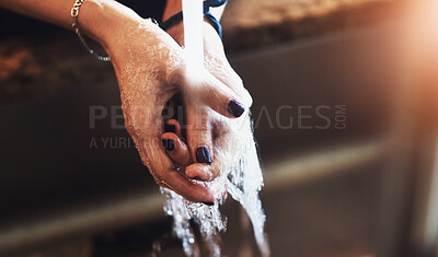 Buy stock photo Bathroom, water and woman with washing hands for hygiene, cleaning and disinfection of germs. Liquid, health and person with aqua splash at home for bacteria removal, safety and prevention of covid