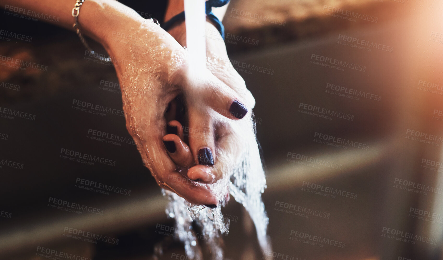 Buy stock photo Bathroom, water and woman with washing hands for hygiene, cleaning and disinfection of germs. Liquid, health and person with aqua splash at home for bacteria removal, safety and prevention of covid