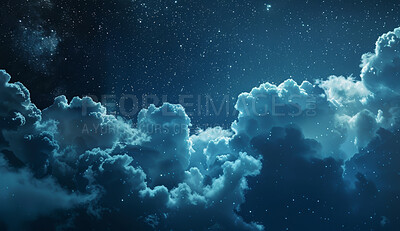 Clouds, night and sky with stars or blue for background, planet earth with moon and glow. Heavens, calm and dark with light from galaxy or universe, space view of nebula on world for astrology