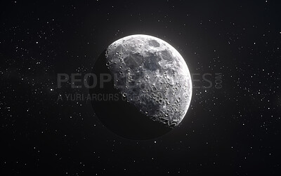 Buy stock photo Moon, space and stars with black background of universe for adventure, exploration or fantasy. Cosmos, planet and wallpaper of astrology, astronomy or constellation for interstellar solar system