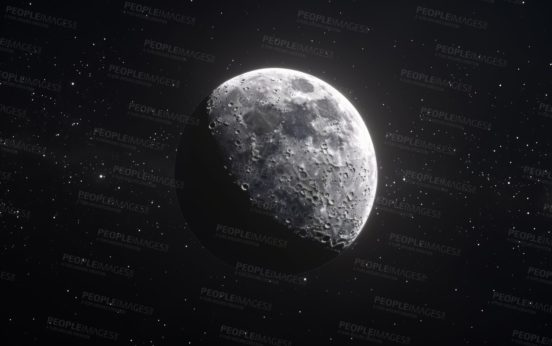 Buy stock photo Moon, space and stars with black background of universe for adventure, exploration or fantasy. Cosmos, planet and wallpaper of astrology, astronomy or constellation for interstellar solar system