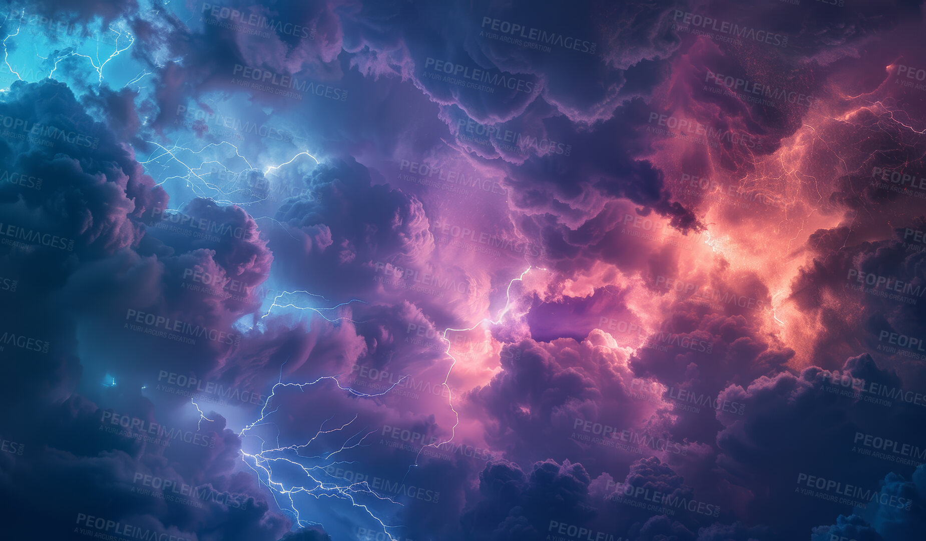 Buy stock photo Space, abstract and clouds with lightning in sky for cosmic storm, atmosphere and wallpaper. Background, design and graphic of colorful galaxy with electricity for interstellar, universe or astronomy