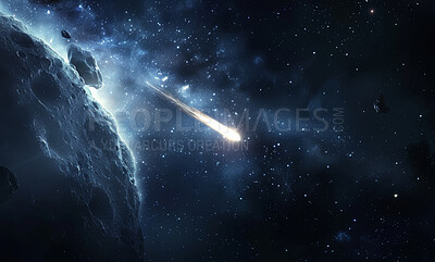 Galaxy, meteor and space with dark background of universe for adventure, exploration or fantasy. Asteroid, comet and wallpaper of astrology, astronomy or natural disaster for interstellar destruction