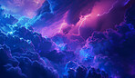 Sky, abstract and universe with lightning in clouds for cosmic storm, atmosphere or wallpaper. Background, space and graphic of colorful galaxy with electricity for climate change, vapor or astronomy