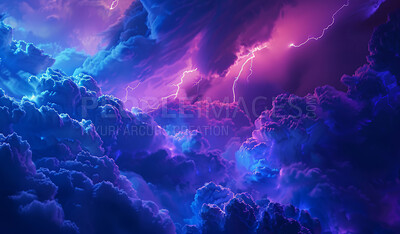 Buy stock photo Sky, abstract and universe with lightning in clouds for cosmic storm, atmosphere or wallpaper. Background, space and graphic of colorful galaxy with electricity for climate change, vapor or astronomy