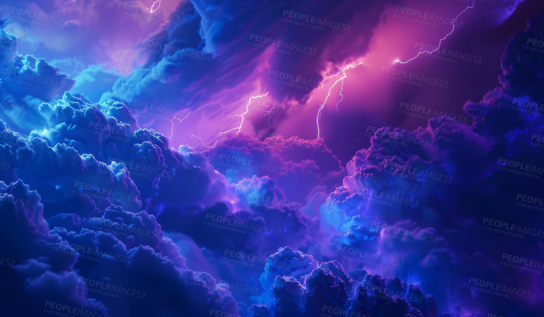 Buy stock photo Sky, abstract and universe with lightning in clouds for cosmic storm, atmosphere or wallpaper. Background, space and graphic of colorful galaxy with electricity for climate change, vapor or astronomy