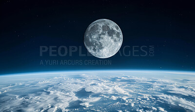 Moon, earth and planet in outer space for abstract background with clouds, ocean and lunar horizon. Galaxy, globe and orb above atmosphere with moonlight for exploration and discovery wallpaper