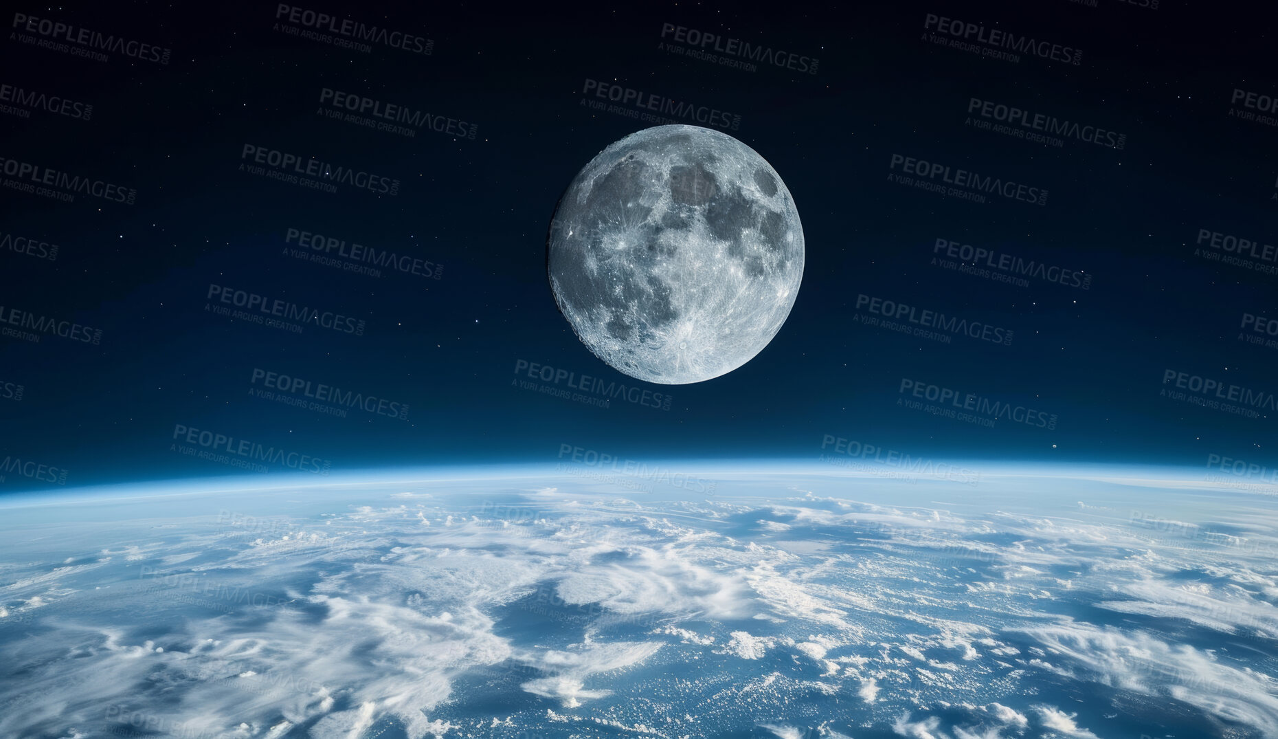 Buy stock photo Moon, earth and planet in outer space for abstract background with clouds, ocean and lunar horizon. Galaxy, globe and orb above atmosphere with moonlight for exploration and discovery wallpaper