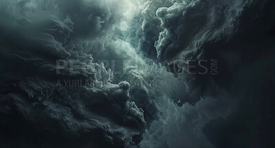 Dark clouds, danger and sky with storm, natural disaster and typhoons with wallpaper, weather and abstract. Smoke, threat and dramatic with atmosphere, explosion and pollution from chemical accident