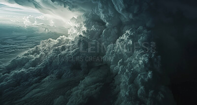 Clouds, dark and storm background for environment or climate change with toxic fume. Gas, overcast and nature for abstract wallpaper at night with smoke air or cosmic dust with nebula in outer space