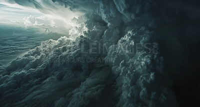 Buy stock photo Clouds, dark and storm background for environment or climate change with toxic fume. Gas, overcast and nature for abstract wallpaper at night with smoke air or cosmic dust with nebula in outer space