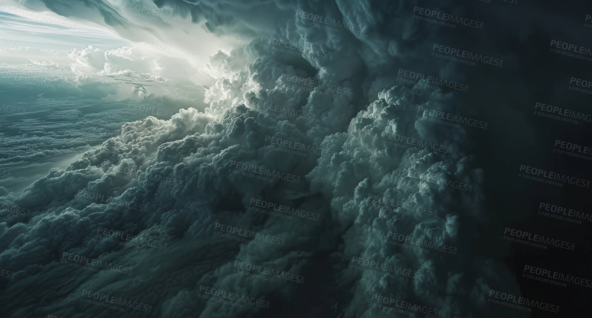 Buy stock photo Clouds, dark and storm background for environment or climate change with toxic fume. Gas, overcast and nature for abstract wallpaper at night with smoke air or cosmic dust with nebula in outer space