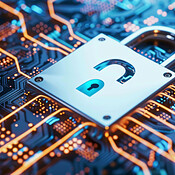 Hardware, cpu and abstract with lock in motherboard for cybersecurity ...