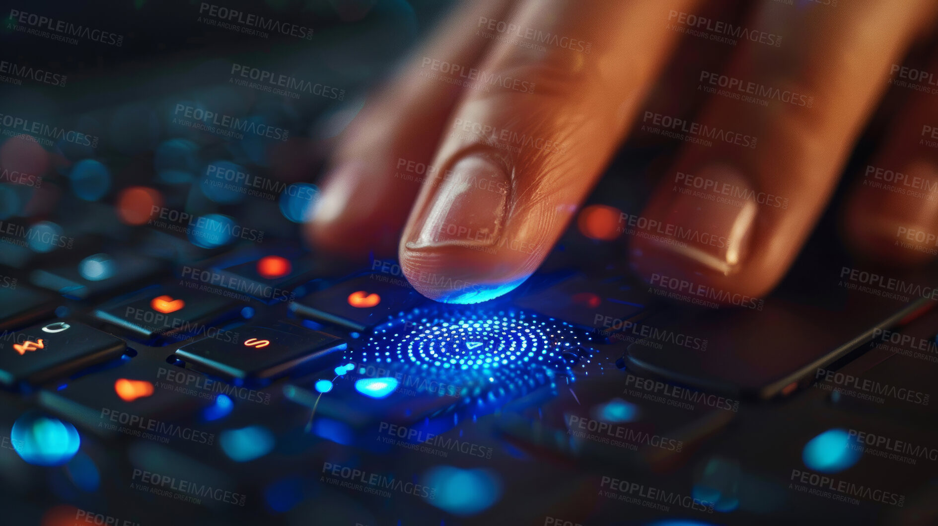 Buy stock photo Computer, fingerprint and keyboard with access to information technology or database for cybersecurity with bokeh. Hacker, person and laptop for hacking password protected data, system and biometric