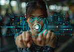 Woman, touch and lock in hologram for digital transformation, cybersecurity and futuristic software. online user with fingerprint, biometric and data privacy for cloud computing in screen overlay