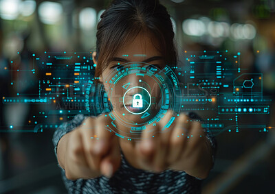 Woman, touch and lock in hologram for digital transformation, cybersecurity and futuristic software. online user with fingerprint, biometric and data privacy for cloud computing in screen overlay