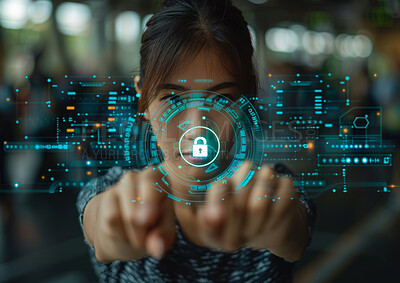 Buy stock photo Woman, touch and lock in hologram for digital transformation, cybersecurity and futuristic software. online user with fingerprint, biometric and data privacy for cloud computing in screen overlay