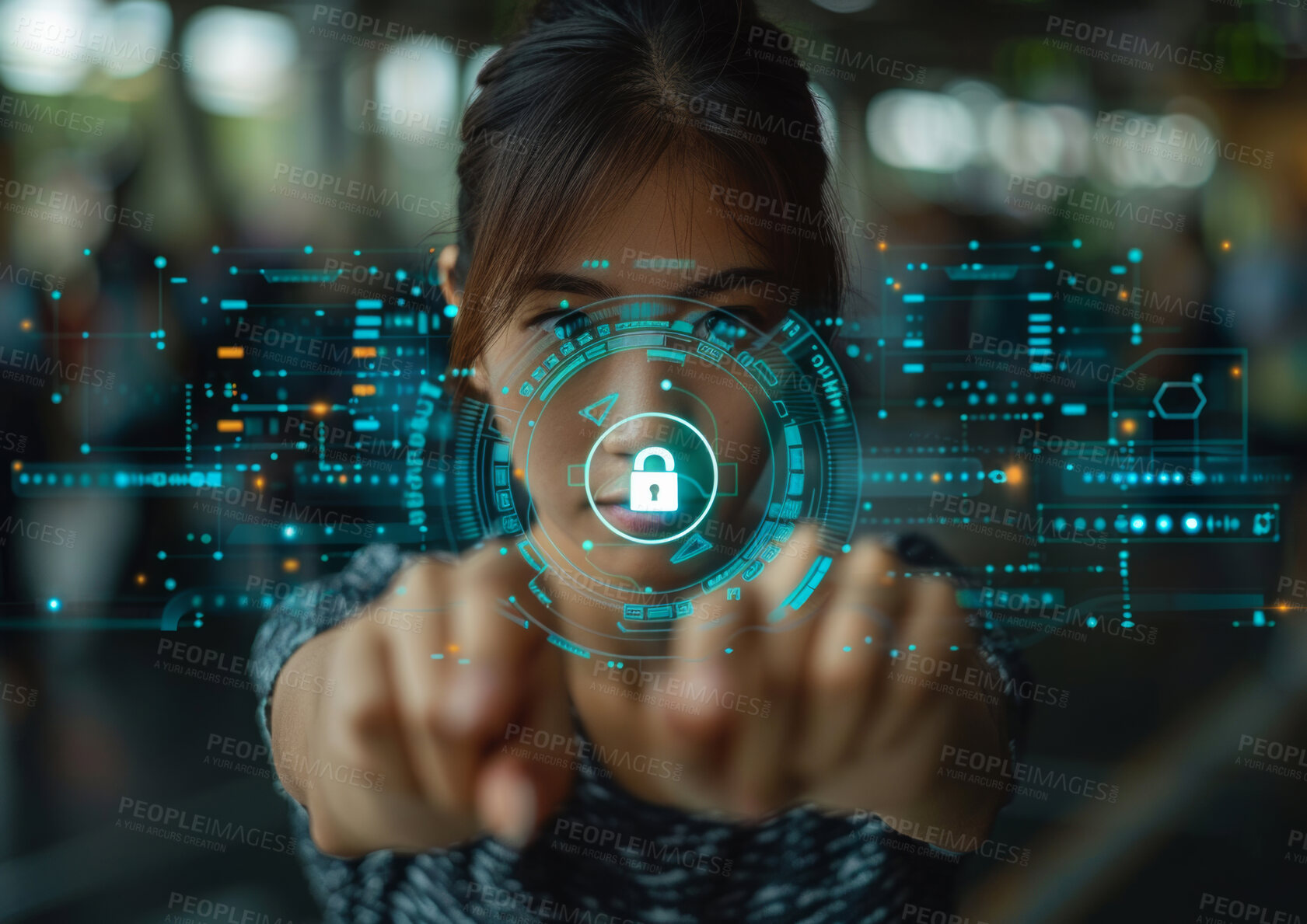 Buy stock photo Woman, touch and lock in hologram for digital transformation, cybersecurity and futuristic software. online user with fingerprint, biometric and data privacy for cloud computing in screen overlay