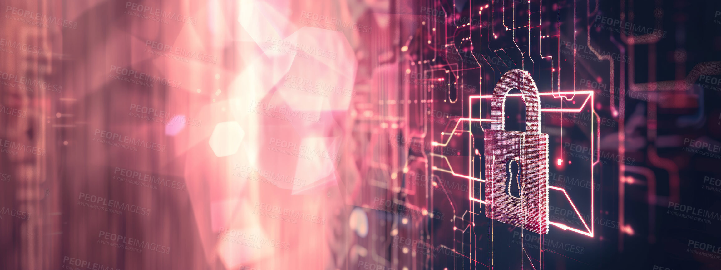 Buy stock photo 3D lock, cloud computing and cybersecurity to password protect digital data or storage online. Hologram, information technology and safety with firewall for internet server or virtual networking