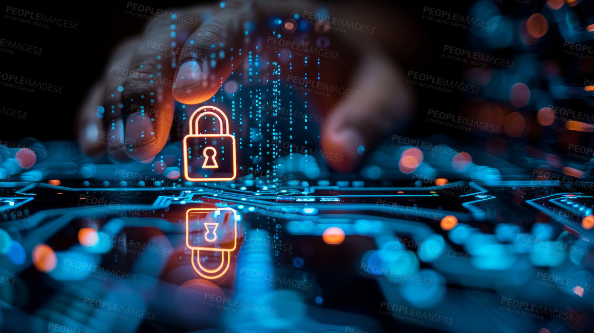 Buy stock photo Holographic lock, cybersecurity and hand of user to password protect database or online storage. Cloud computing, information technology and safety with person on 3D server for virtual networking