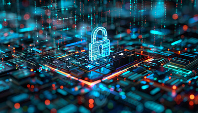 Futuristic, cyber security and data protection or cloud computing with padlock on motherboard or server. Abstract, firewall or privacy with digital safety of database from virus, malware or hacking