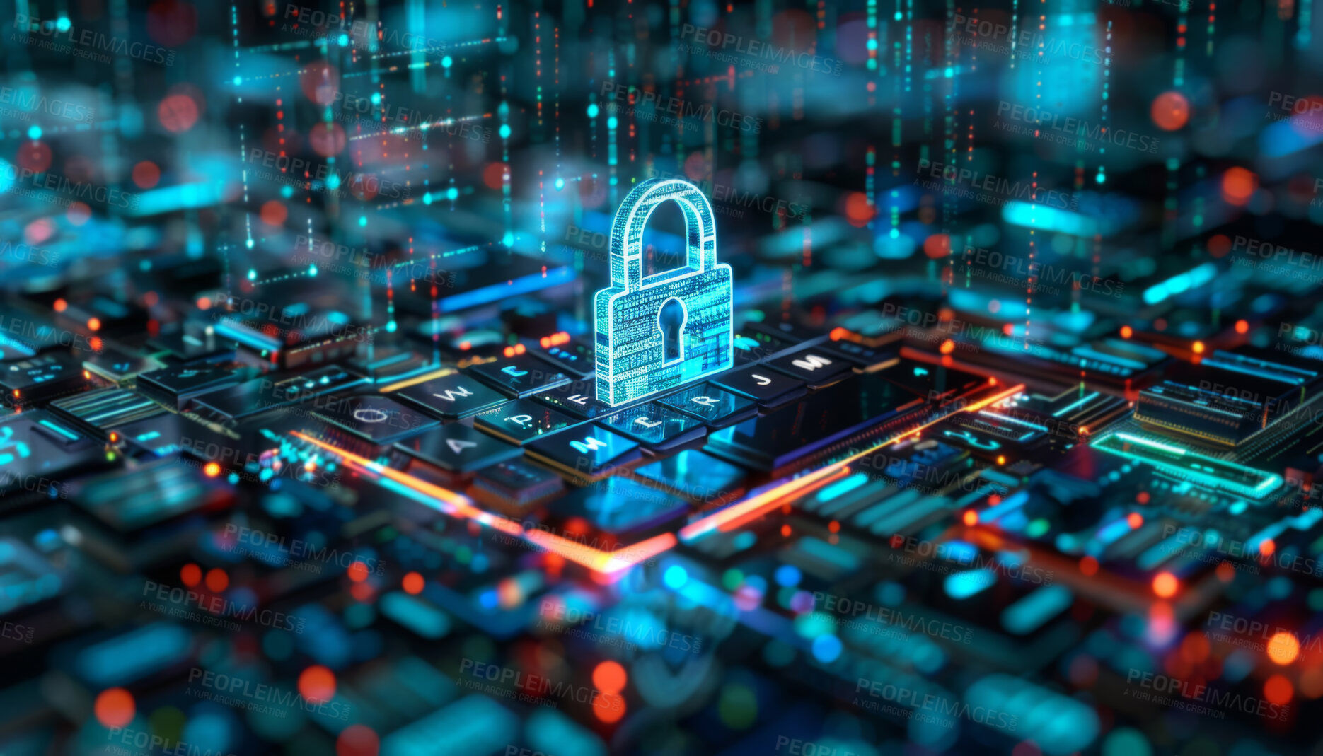 Buy stock photo Futuristic, cyber security and data protection or cloud computing with padlock on motherboard or server. Abstract, firewall or privacy with digital safety of database from virus, malware or hacking