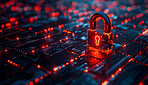 Futuristic, cyber security and data protection or cloud computing with padlock on motherboard or server. Abstract, firewall or privacy with digital safety of database from virus, malware or hacking