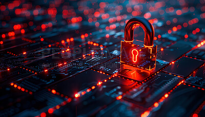 Futuristic, cyber security and data protection or cloud computing with padlock on motherboard or server. Abstract, firewall or privacy with digital safety of database from virus, malware or hacking