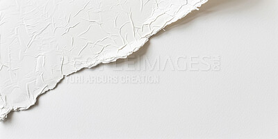 White, background and textile or torn page, texture and sustainable or biodegradable pattern on canvas. Abstract backdrop, fold and sheet banner for mockup and wallpaper, black and material stack
