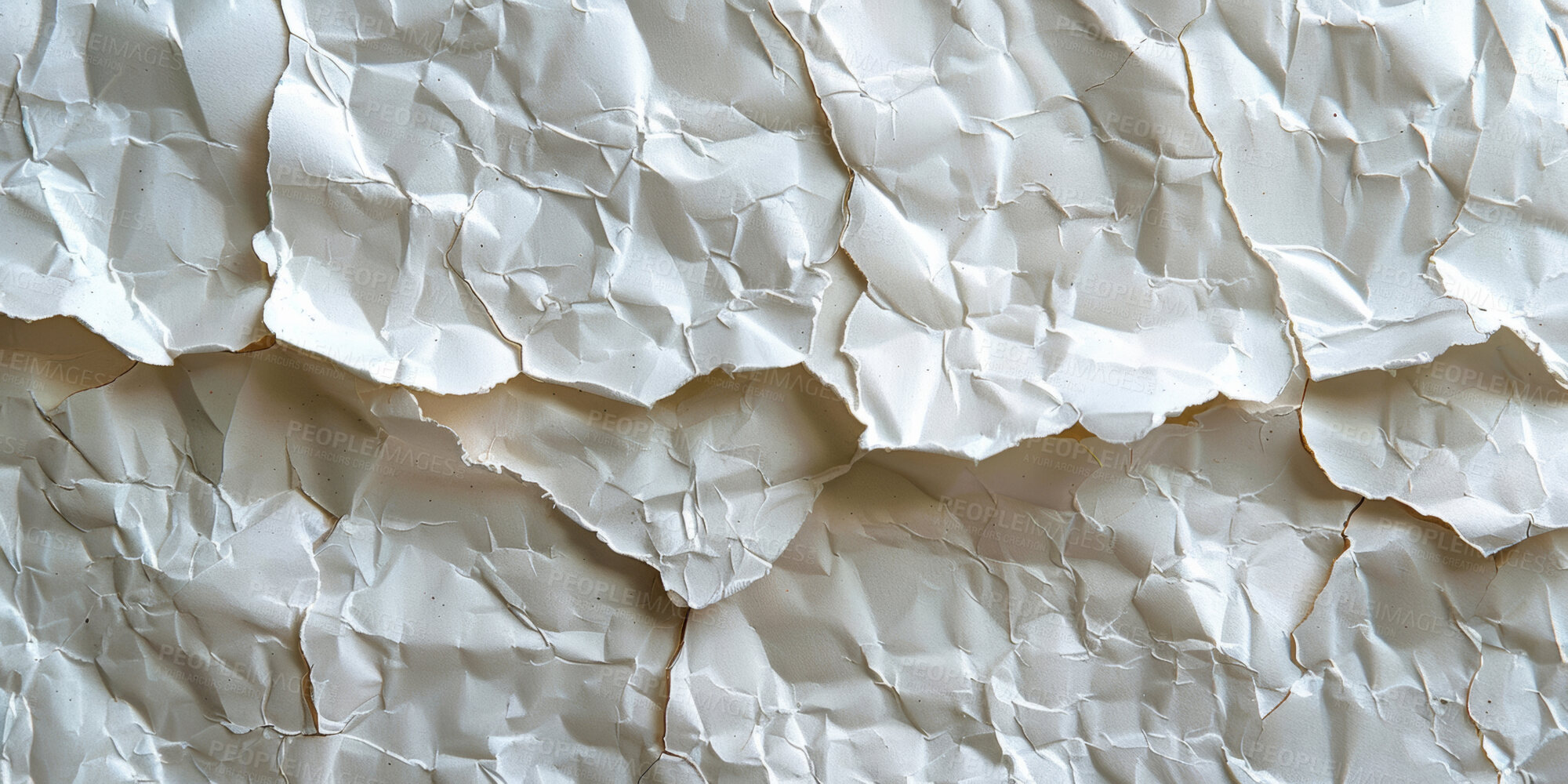 Buy stock photo Crumpled paper, texture and old or torn for creative writing, journal or arts and craft with eco friendly project. Handmade material for recycling, reuse or sustainability of sheet, banner or pattern