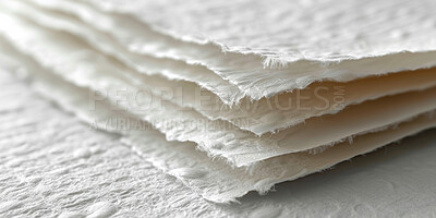 Buy stock photo Material, texture and stack of handmade paper for eco friendly, sustainability and printing. Fabric, creative and renewable resource with sheet in pile for biodegradable, environment and conservation