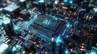 Buy stock photo Abstract, AI and circuit board with electrical for connectivity, innovation and digital transformation with futuristic technology. Electronics, computer and microchip system with hardware drive