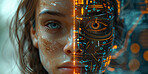 Girl, futuristic and tech with hud on face for ai, machine learning or sci fi with interface. High tech, portrait and female person with digital transformation, biometrics for cyber security