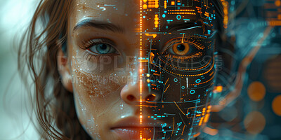 Girl, futuristic and tech with hud on face for ai, machine learning or sci fi with interface. High tech, portrait and female person with digital transformation, biometrics for cyber security