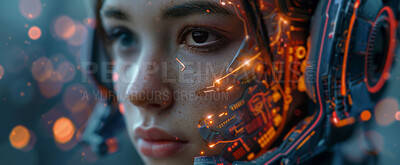 Buy stock photo Ai, futuristic and robot with eyes, machine and scifi in technology for innovation, person and cyberpunk. Creative, digital transformation and humanoid for security, virtual and character of cyborg