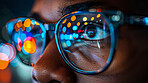 Programmer, glasses and working online, futuristic and digital with information technology and bokeh. Coder, man and employee with eyewear for vision, virtual and overlay of server and software