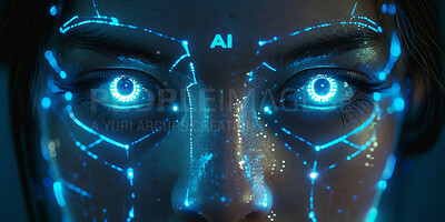 Woman, futuristic and technology to scan ai face for security, hud and machine learning with sci fi interface. Portrait, female person with high tech for biometric, cybersecurity with id metrics
