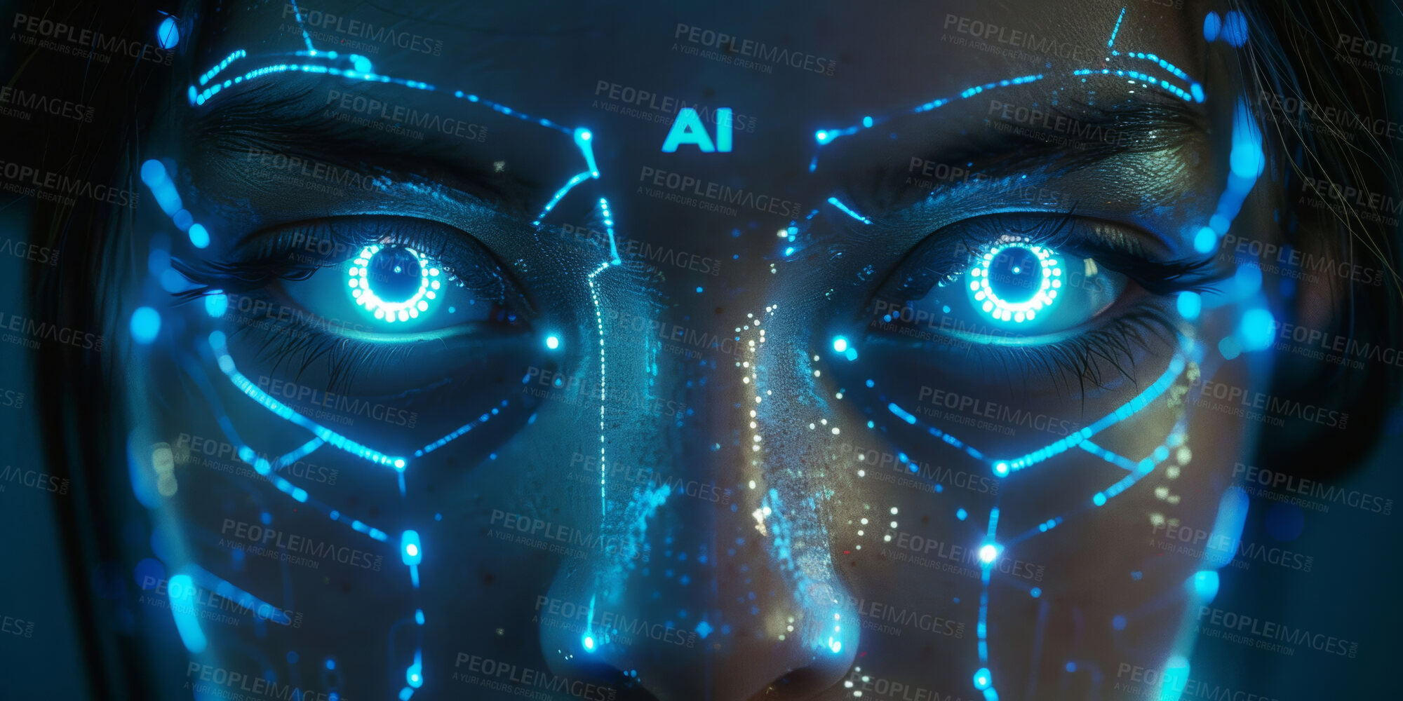 Buy stock photo Woman, futuristic and technology to scan ai face for security, hud and machine learning with sci fi interface. Portrait, female person with high tech for biometric, cybersecurity with id metrics