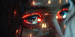 Closeup, face and woman in future with hologram, overlay and fusion with ai for human development. Eyes, text and digital transformation with vision, connection and network for tech with innovation