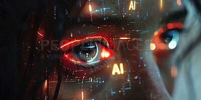 Buy stock photo Closeup, face and woman in future with hologram, overlay and fusion with ai for human development. Eyes, text and digital transformation with vision, connection and network for tech with innovation