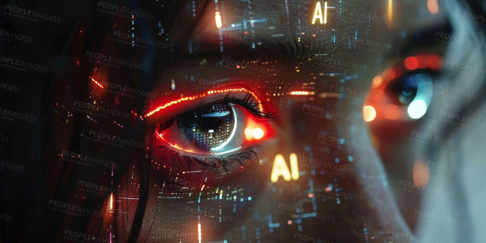 Buy stock photo Closeup, face and woman in future with hologram, overlay and fusion with ai for human development. Eyes, text and digital transformation with vision, connection and network for tech with innovation