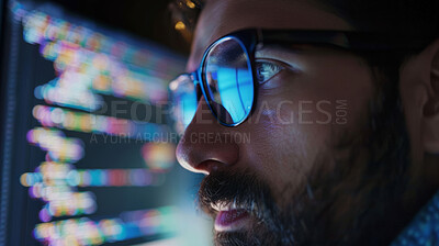 Buy stock photo Man, programmer and face for coding, software development and script or glitch on server. Male person, cyber security and cloud computing with computer and glasses for website data and protection