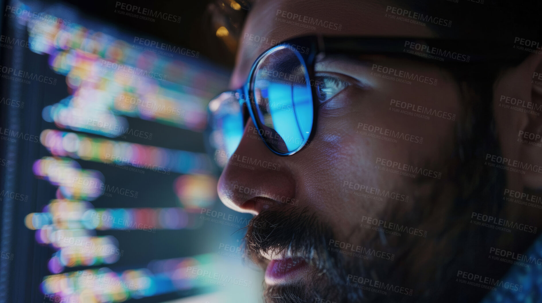 Buy stock photo Man, programmer and face for coding, software development and script or glitch on server. Male person, cyber security and cloud computing with computer and glasses for website data and protection