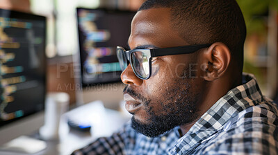 Buy stock photo Black man, web designer or programmer for coding, software development and fixing glitch on system in office. Person, cloud computing and cyber security with computer for data password protection