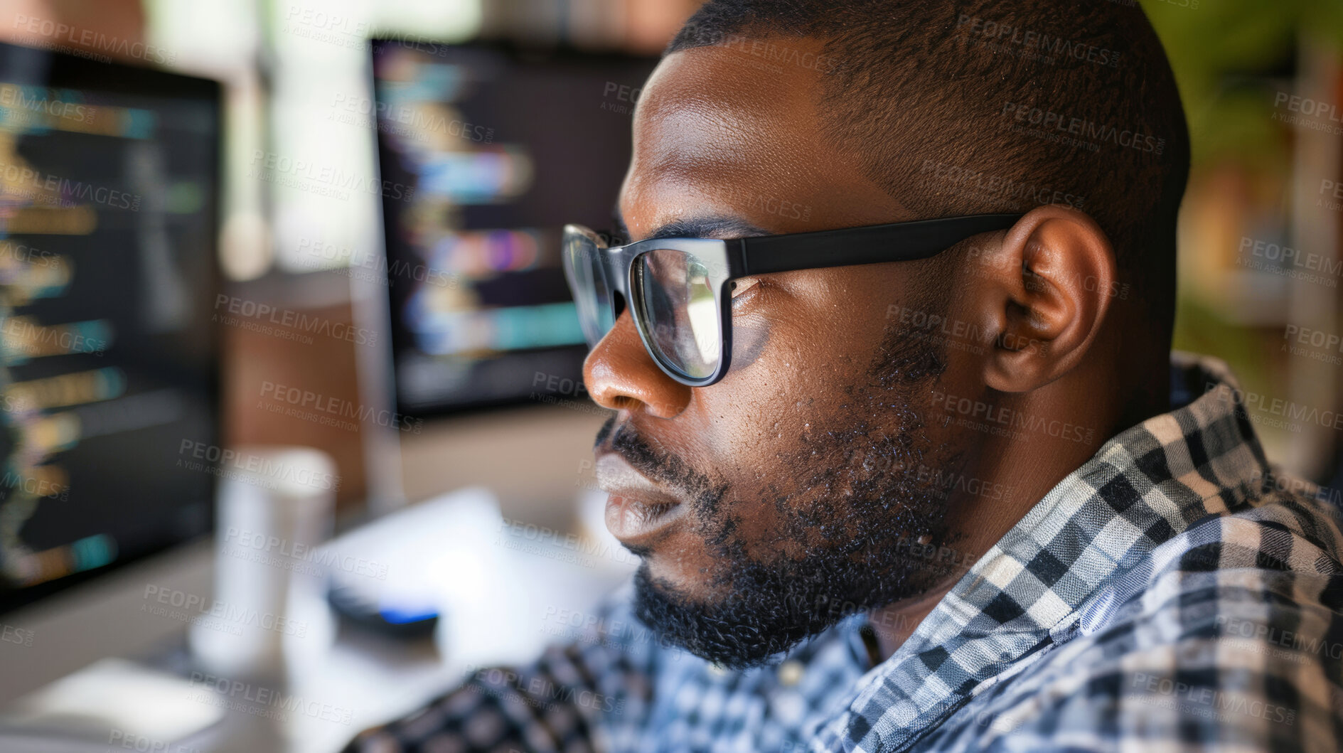 Buy stock photo Black man, web designer or programmer for coding, software development and fixing glitch on system in office. Person, cloud computing and cyber security with computer for data password protection