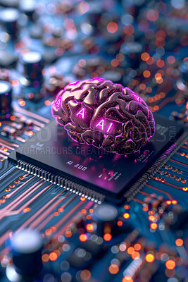 Abstract, AI or circuit board with brain for futuristic tech, computer or digital transformation in vertical. Electronics, connection or microchip system with hardware drive, cyber security or server